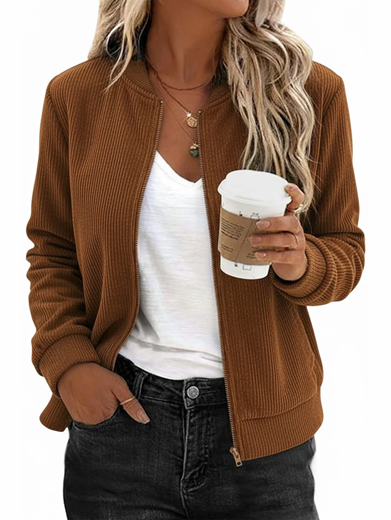 

Женская винтажная куртка в стиле ретро с длинным рукавом и v-образным вырезом, легкая молния, свободный стиль для осенне-зимней уличной одежды