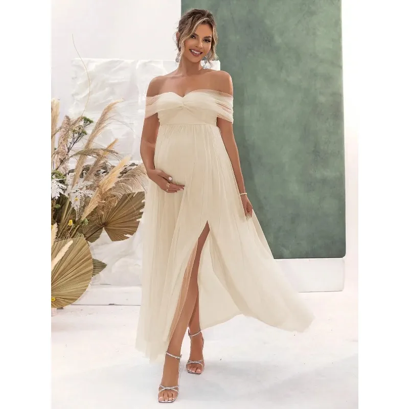 女性用オフショルダーチュールマタニティドレス、ハイウエストaラインスリットガウン、写真撮影や結婚式に最適