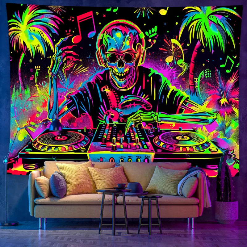 VIKAMA Fluorescent DJ Skeleton Theme Tapestry Polyester Wall Hanging psychedelic Palm Tree Neon Party and Room Home Decoration