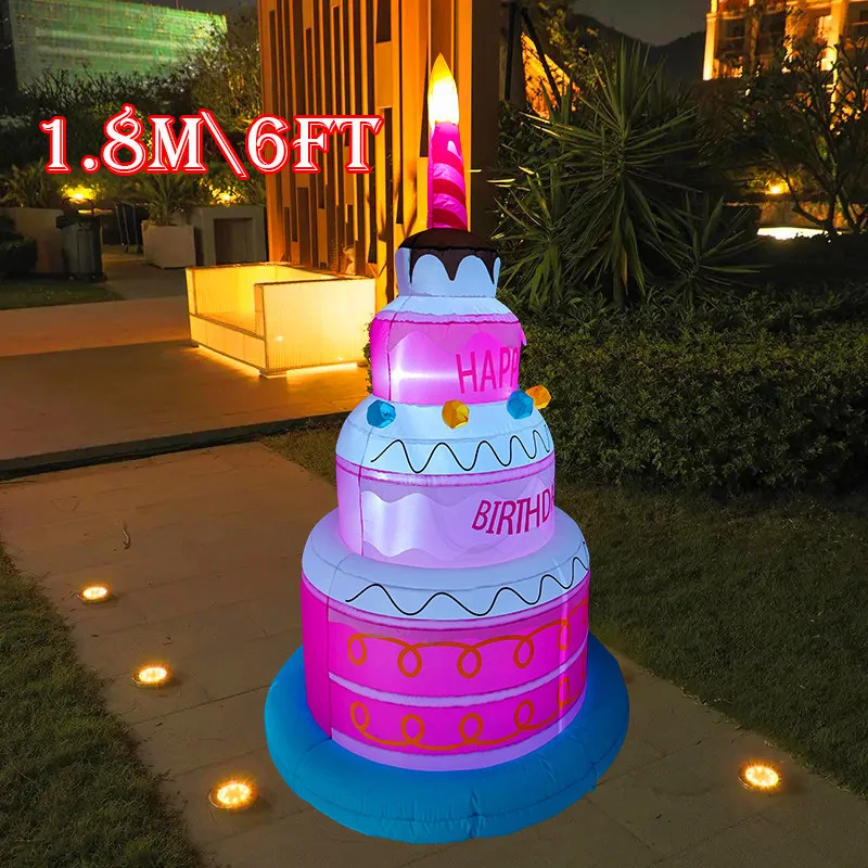 6ft Birthday Cake Inflatable Decoration Model Colorful Cake Builted-in LED Lights Festival Party Yard Garden Inflatable Decor