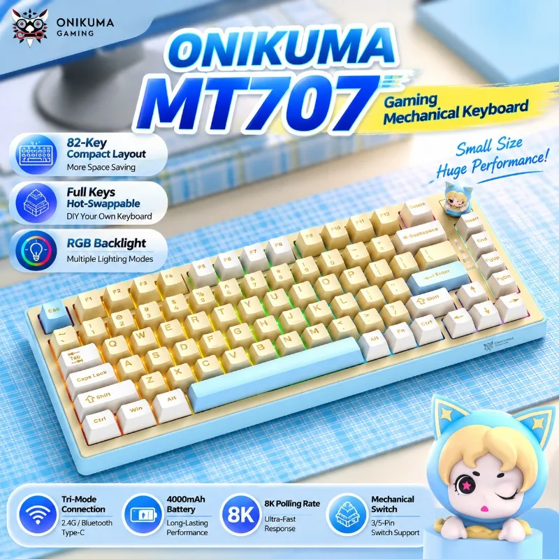 ONIKUMA MT707 Tri Mode Mechanical Gaming Keyboard 82 Keys Hot Swappable RGB Gasket Mount Structure 8000Hz Polling Rate Wireless