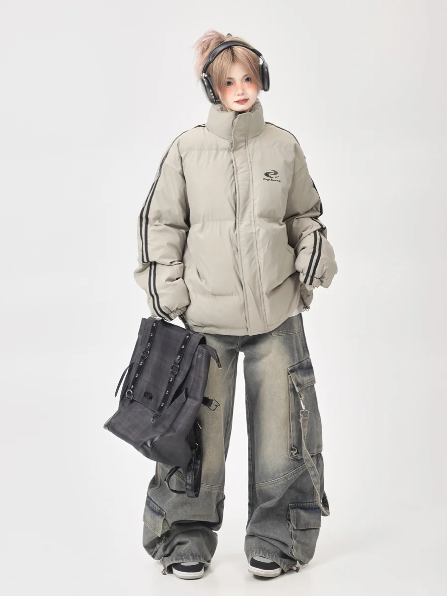 American Retro Oversize Trendy Cotton Jacket Women Winter New Thickened Stand Collar Bread Style Cotton Coat Warmth Fashion