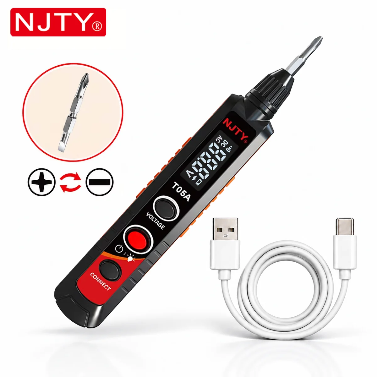 NJTY T05A Rechargeable Voltage Tester Pen Digital AC Voltage Detector 12-450V Reversible Screwdriver Bit Wire Breakpint Detector