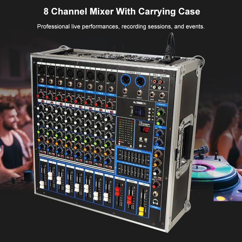 8 Channel Mixer With Carrying Case Sound System Professional Controller Audio Mixing Console Karaoke Power Mixer Amplifier