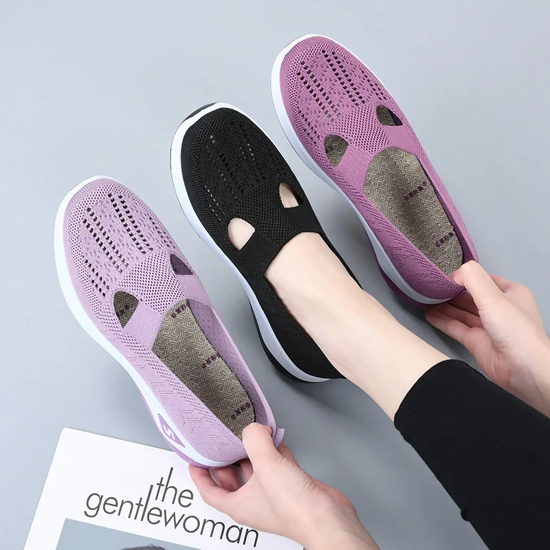 Women's New Summer Shoes Mesh Breathable Sneakers Light Slip on Flat Platform Casual Shoes Ladies Anti-slip Walking Woven Shoes