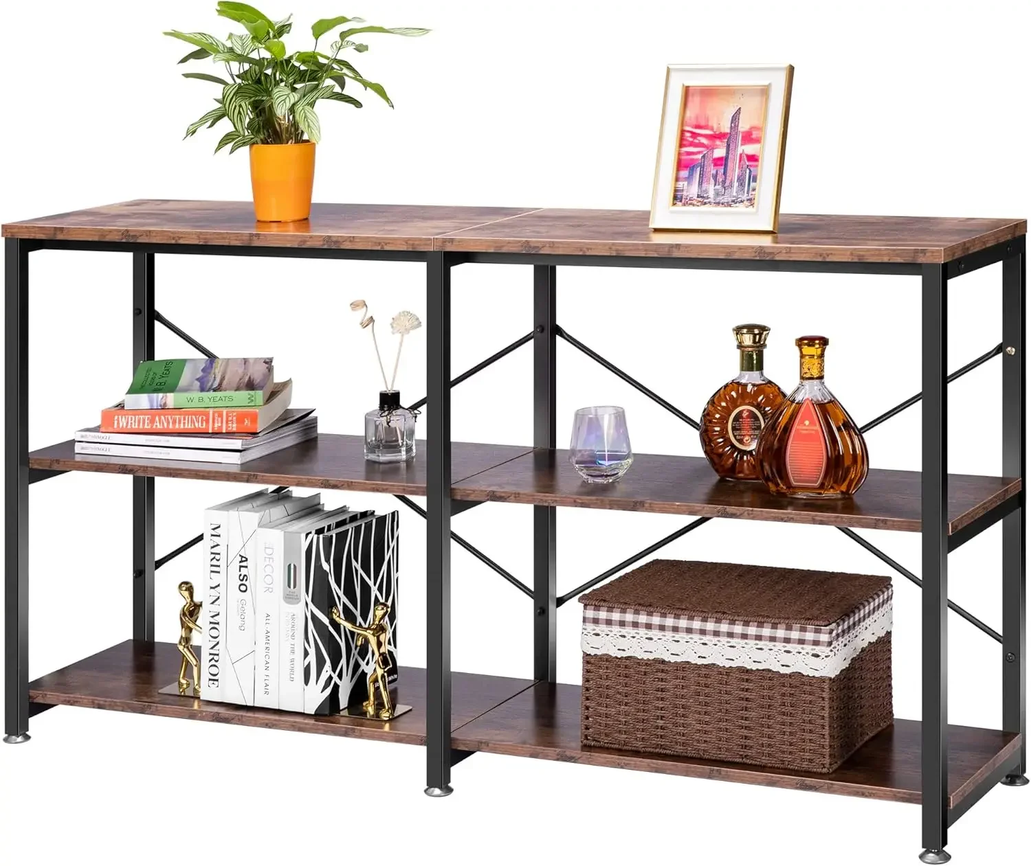 55 Inch Entryway Console Table, Narrow Industrial Sofa Table Behind Couch with 3-Tier Storage Shelves, Metal Frame