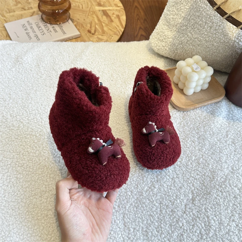 

Детские зимние ботинки, новые теплые модные ботильоны для девочек, плюшевые ботинки с милыми животными, детские уличные пушистые хлопковые ботинки принцессы, винно-красные