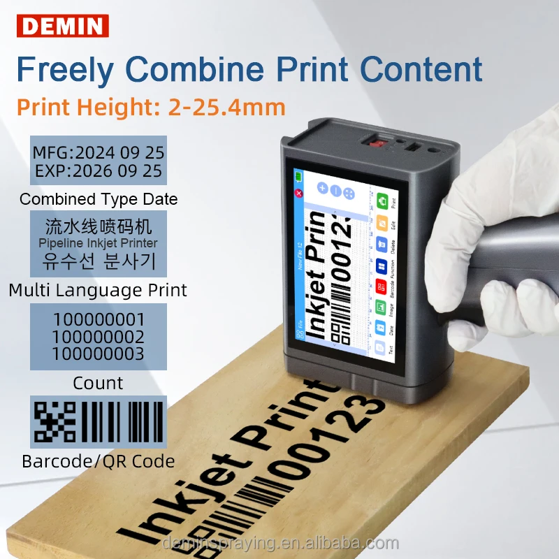 New 25.5mm Hand-Held Aluminum Inkjet Printer 600dpi Fast Dry Expiry Date Coding Machine 1-Year for Cards Bottles Woods
