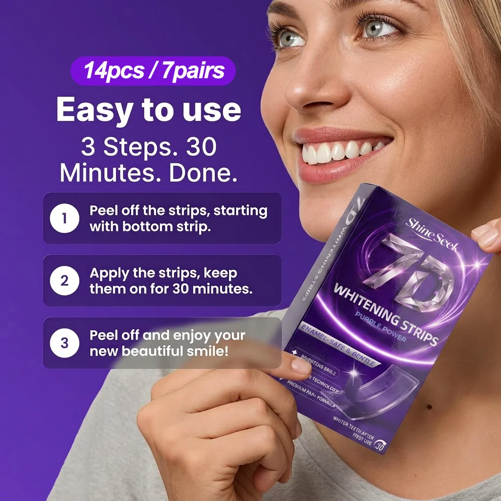 14Pcs/7Pairs New Formula Purple Pap+30-Minute Whitening Strips, Hydrogen Peroxide-Free, Gently Whitens Teeth, Second-Generation Purple Teeth Strips Technology, More Closely Adheres to Teeth, Suitable for Quick Teeth Whitening before Going Out on a Date, to Reveal a Dazzling Smile