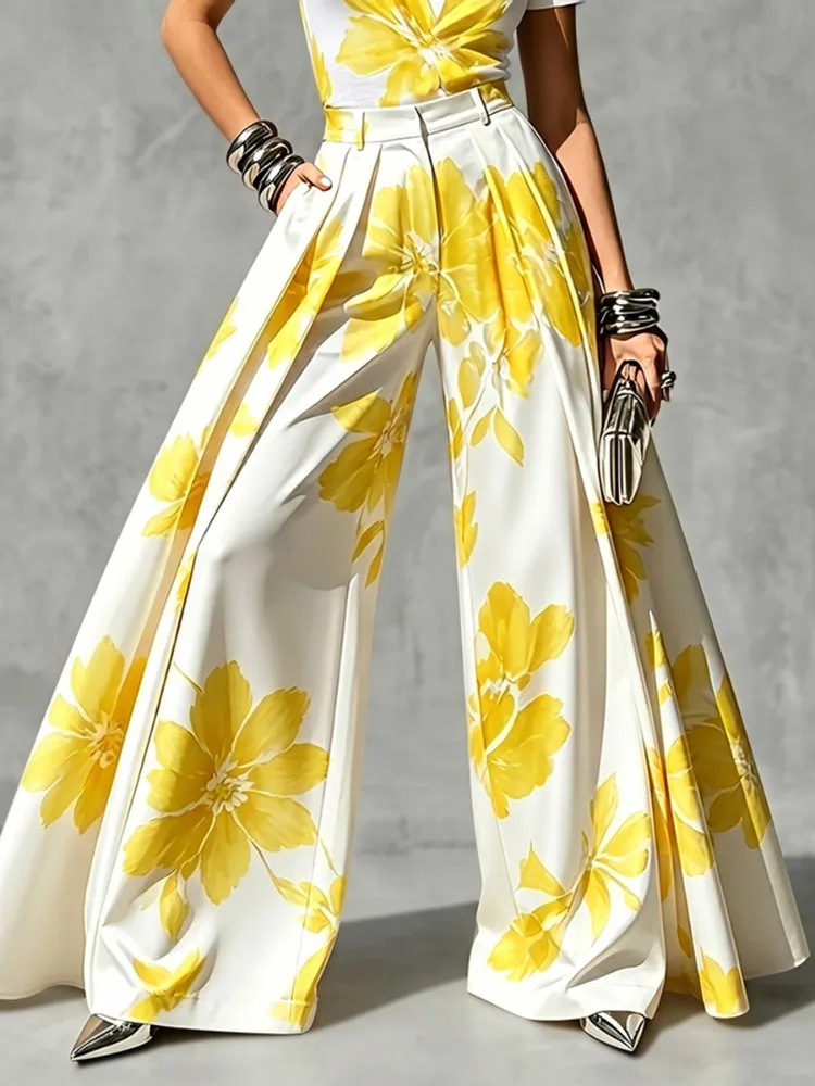 Yeezzi Women's Trendy Yellow Floral Printed High Waist Pleated Wide Leg Pants 2026 New Loose Pockets Palazzo Casual Trousers