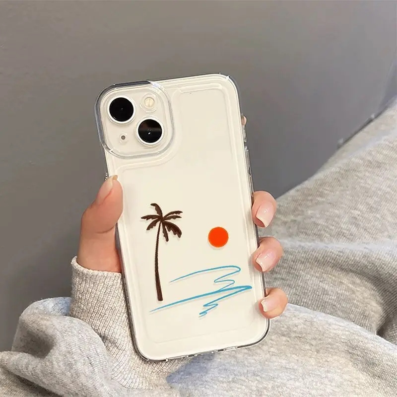 Transparent Red Sun Coconut Tree Wave Phone Case For IPhone 16 15 14 13 12 11 PROMAX XSXR 7 8 Plus Soft Silcone Phone Case Cover