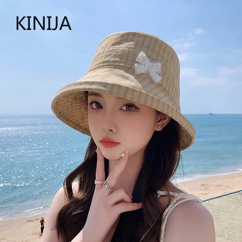 Japanischer Retro-Karohut für Damen, Frühling und Sommer, eleganter Sonnenhut mit breiter Krempe, UV-Schutz, winddicht, gesichtsverschmälernde Kuppelmütze