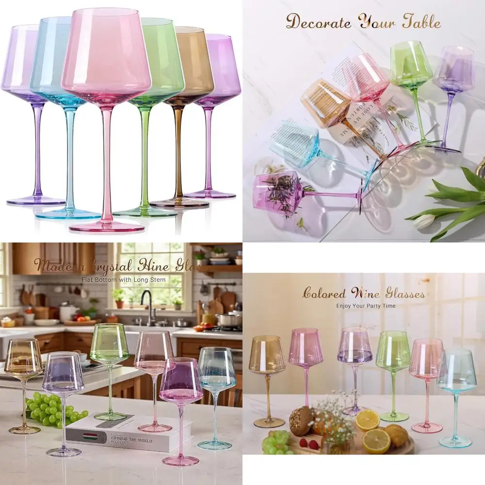 

Set of 6 Colorful 16-Ounce Stemmed Wine Glasses with Tall Stems and Flat Bottoms
