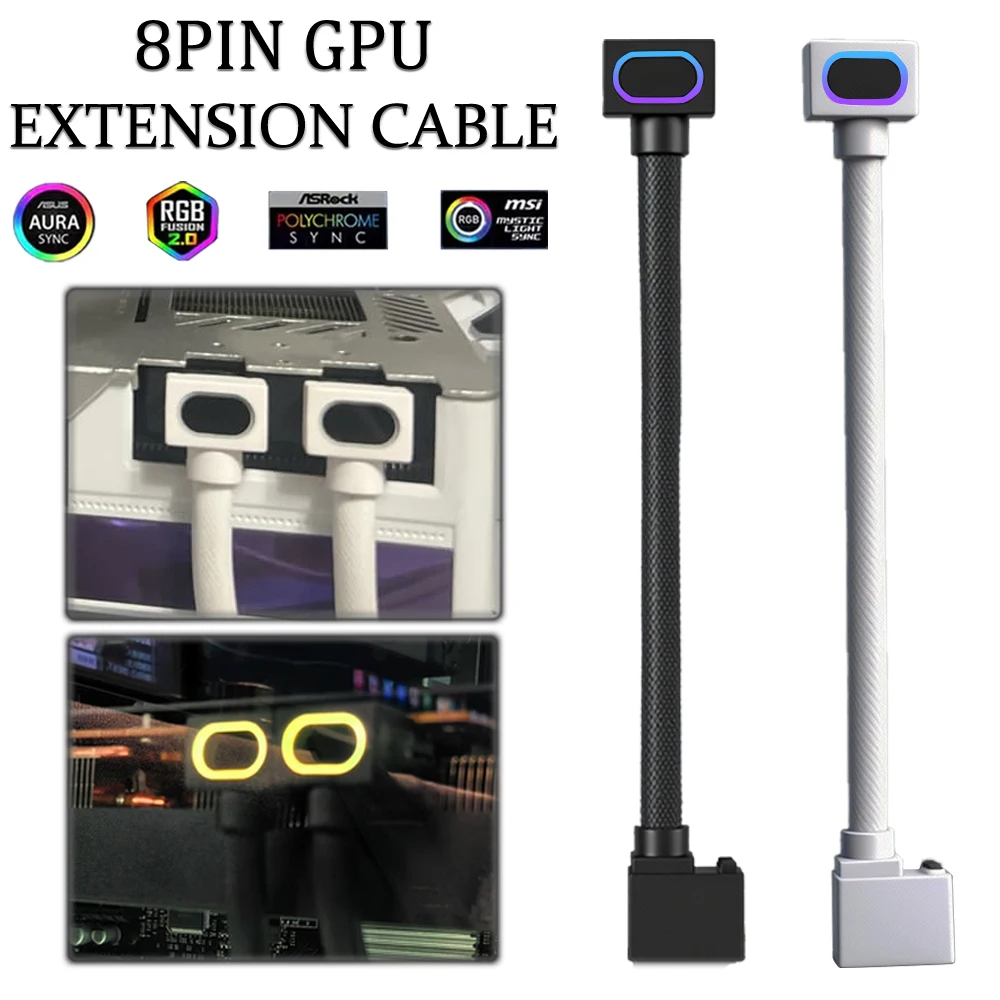 

8 Pin GPU Extension Cable ARGB PC Cable with 5 V 3 Pins 18 AWG 90° Right Angle Design for Cleaner PC Build Male to Female