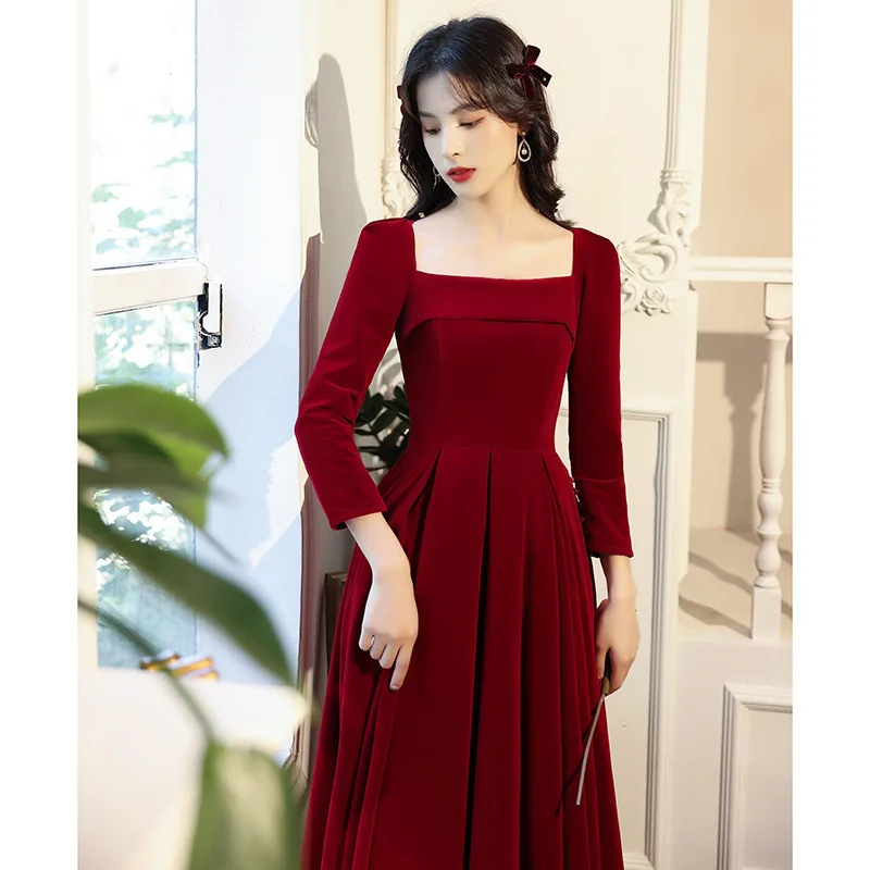 Burgundy Velour Sexy Square Collar Long Sleeve Back Zipper Evening Dress Bride Wedding Tulle Formal Prom Gowns Vestidos Size 8XL