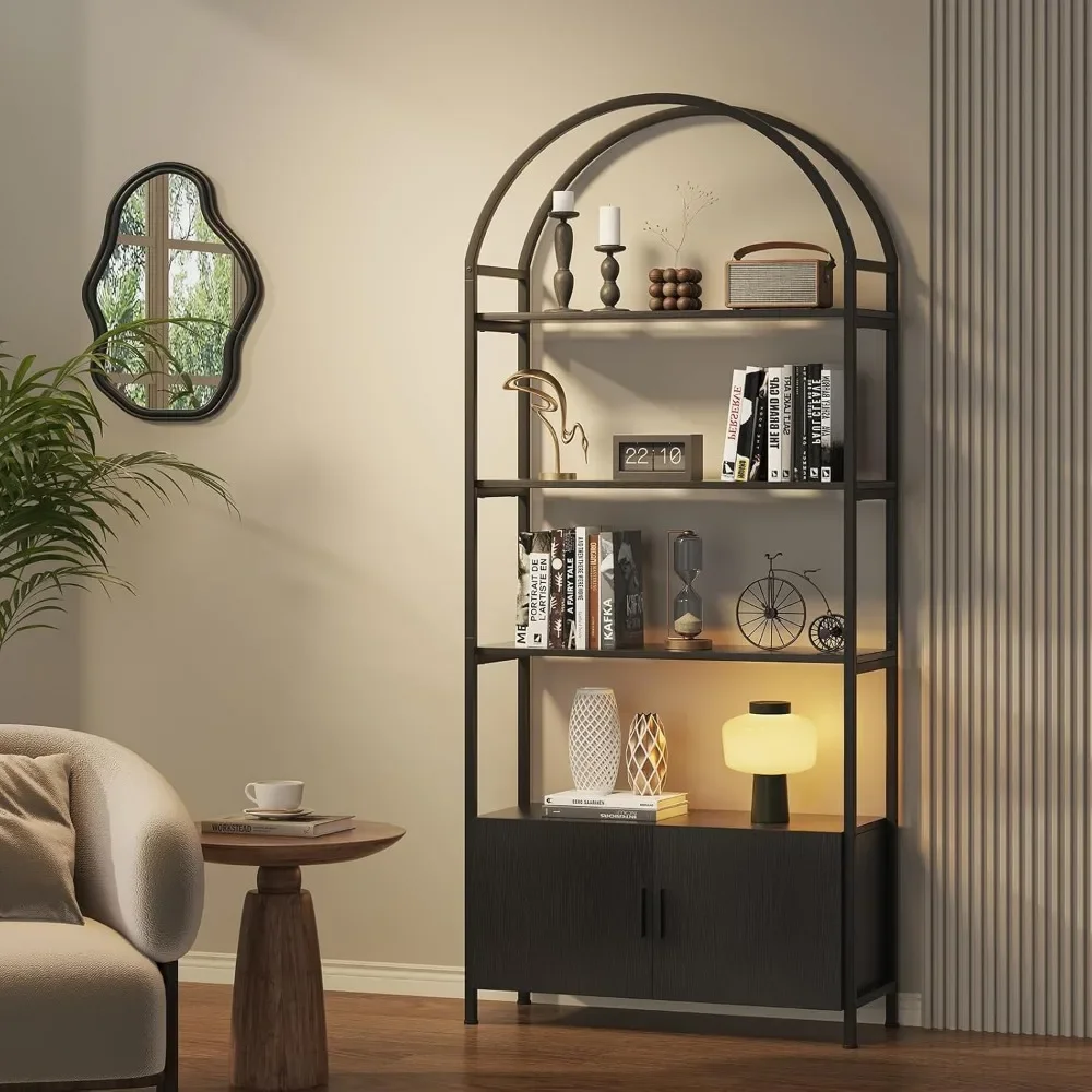 

Arched Bookshelf with Doors,71"Tall Industrial Bookcase with Sturdy Metal Frame,Vintage Display Shelving Unit,Geometr Book Shelf