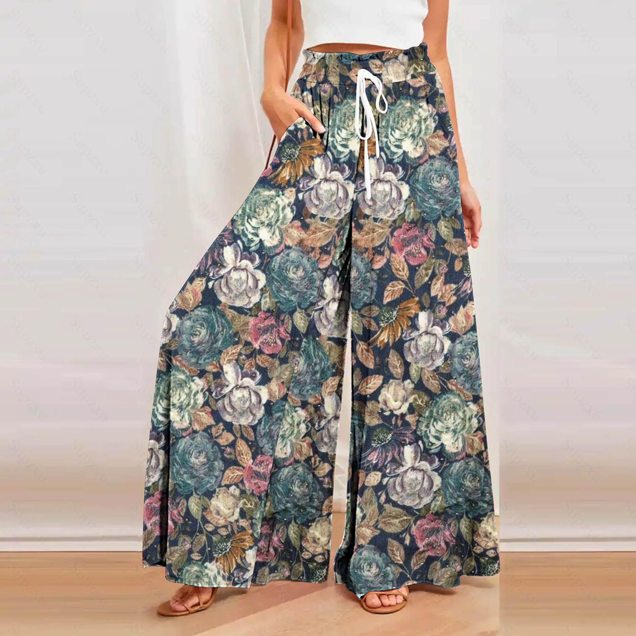 Sweet Paisley Printed Boho Trousers Casual Womens Loose Pants Aesthetic Pants High Waist Lace Up Wide Leg Casual Long Trousers