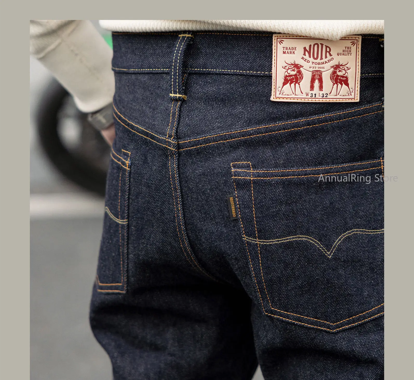 Red Tornado 666 Style Men's Slim Straight Jeans 21OZ Heavyweight Selvedge Raw Denim Pants view 6