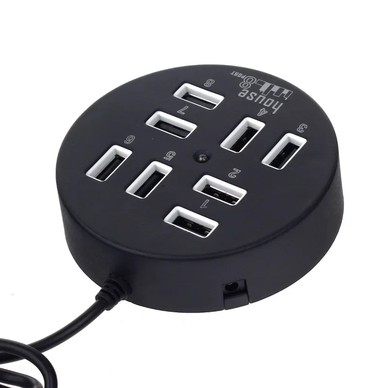 8-Port USB 2.0 Portable Data Hub with 60cm USB Cable, Round USB 2.0 Hub Splitter Data Transfer for Desktop Laptop, White, Black