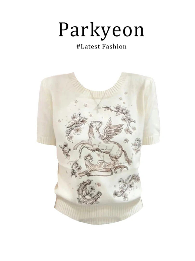 

Parkyeon Women's White Knitted Short Sleeve T-shirt Summer Loose Fit Slimming Top Printed Cleanfit Style round Neck Regular Fit