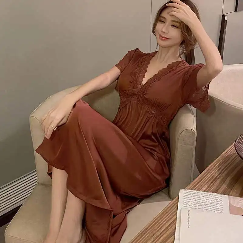 

Кружевная ночная сорочка с V-образным вырезом, женская летняя ночнушка, шелковистая атласная пижама, домашняя одежда для сна