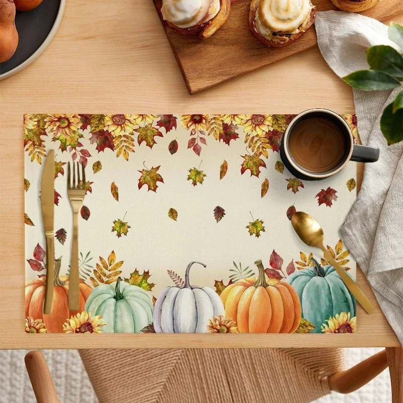 Lot de 4 sets de table en lin résistants à la chaleur, motif citrouille d'automne, pour décoration de table de cuisine et de salle à manger, accessoires de vaisselle