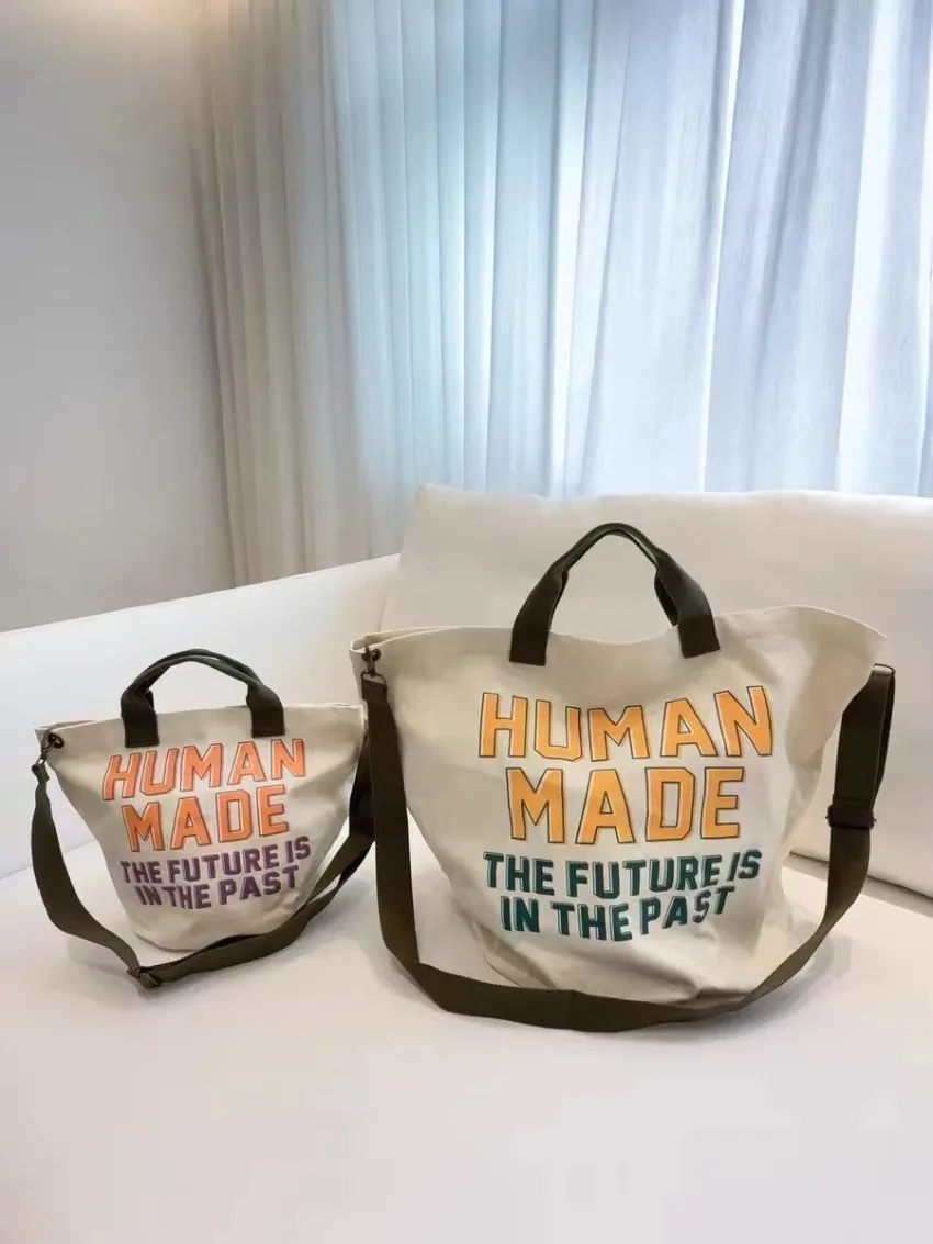 HUMAN MADE Large Canvas Tote Bag Mens Womens Letter Print Vintage Casual Streetwear Unisex Daily Shopper