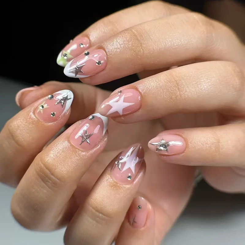 

24pcs Sweet Star Fake Nails Set Glitter Rhinestone Design Almond False Nail Tips Fashion Wearable Press on Nails French Manicure