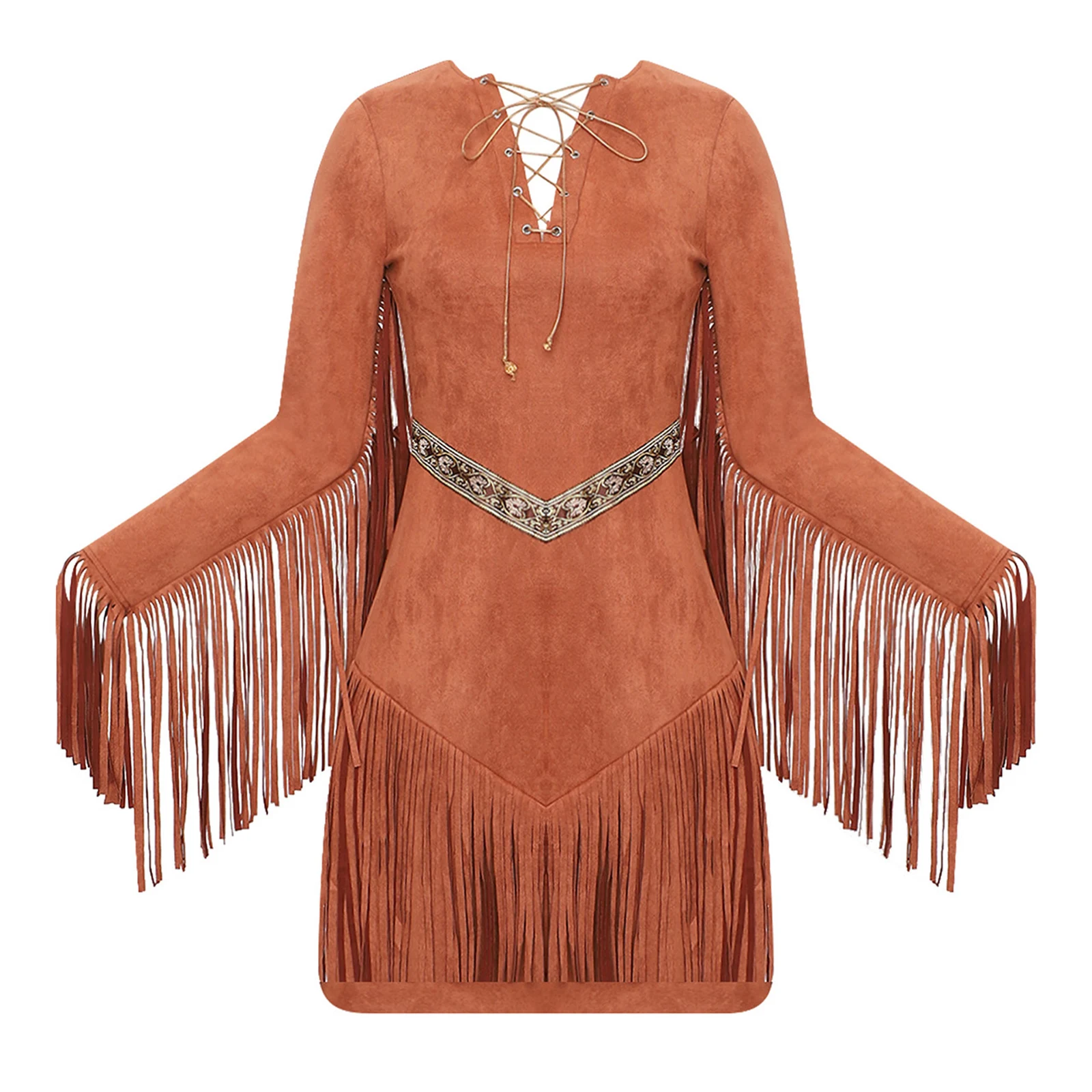 

Women Caveman Tribal Cosplay Fringed Dress Tassel Lace Up Retro Brocade Primitive Costume for Halloween Role Play Party