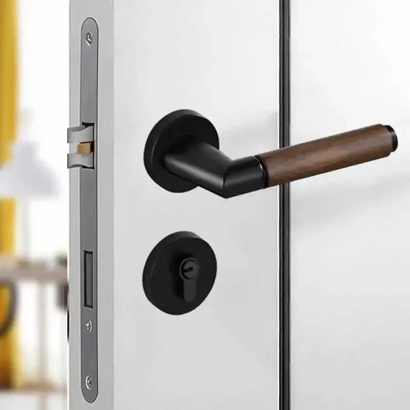 Log wind minimalist magnetic suction mute solid wood room door lock indoor walnut Chinese wind retro wooden door lock handle
