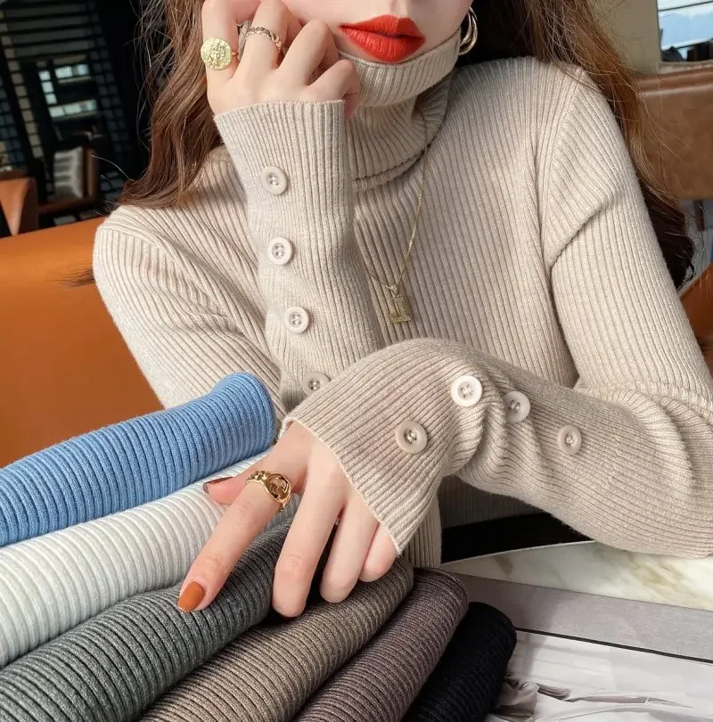 محبوك سترة المرأة البلوفرات الجديدة طويلة الأكمام الياقة المدورة الأبيض متماسكة سترة البلوز المرأة بلايز البلوزات Sueter Feminino Q1029