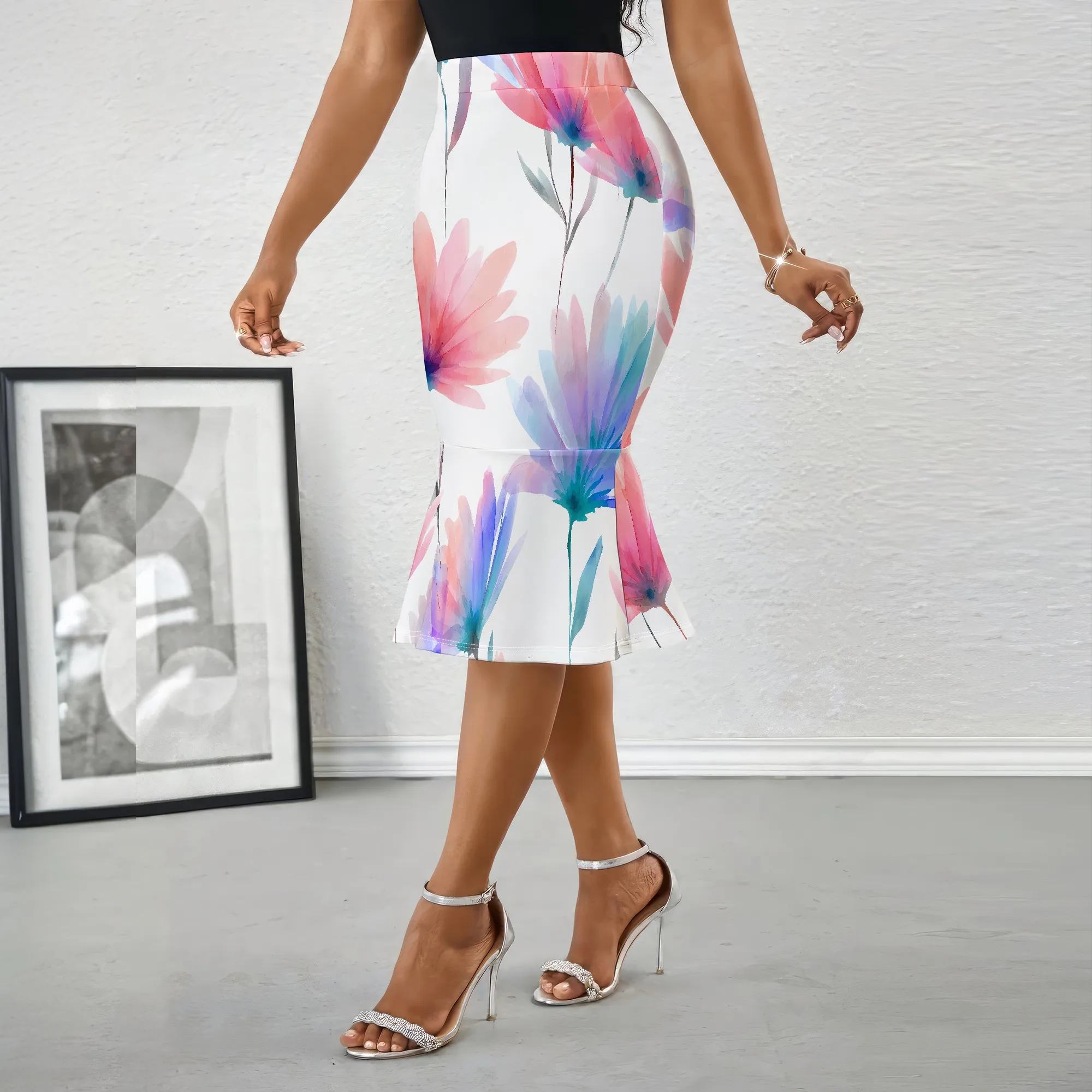 Floral Pencil Skirt, Pink Flower Print Midi Skirt, High Waist Bodycon Skirt, Summer Party Work Wear, S-2XL
