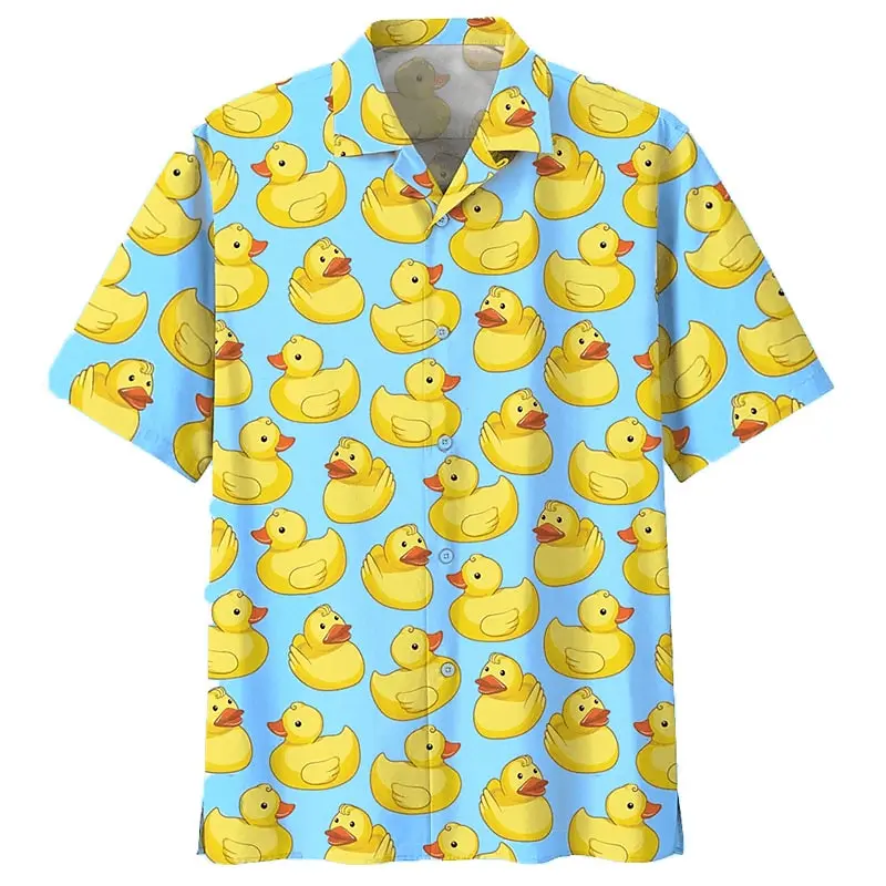 Top de lapela abotoado aberto masculino, manga curta, camisa casual havaiana, estampa de pato, legal e confortável