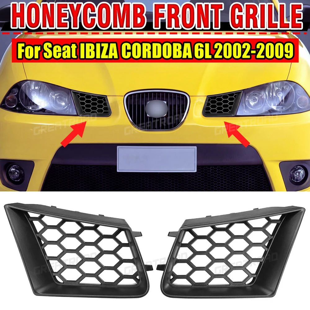 Par de grelha de para-choque frontal superior em favo de mel para Seat Ibiza Typ 6L Cordoba 2002-2009 Preto fosco Grade de radiador à prova de calor