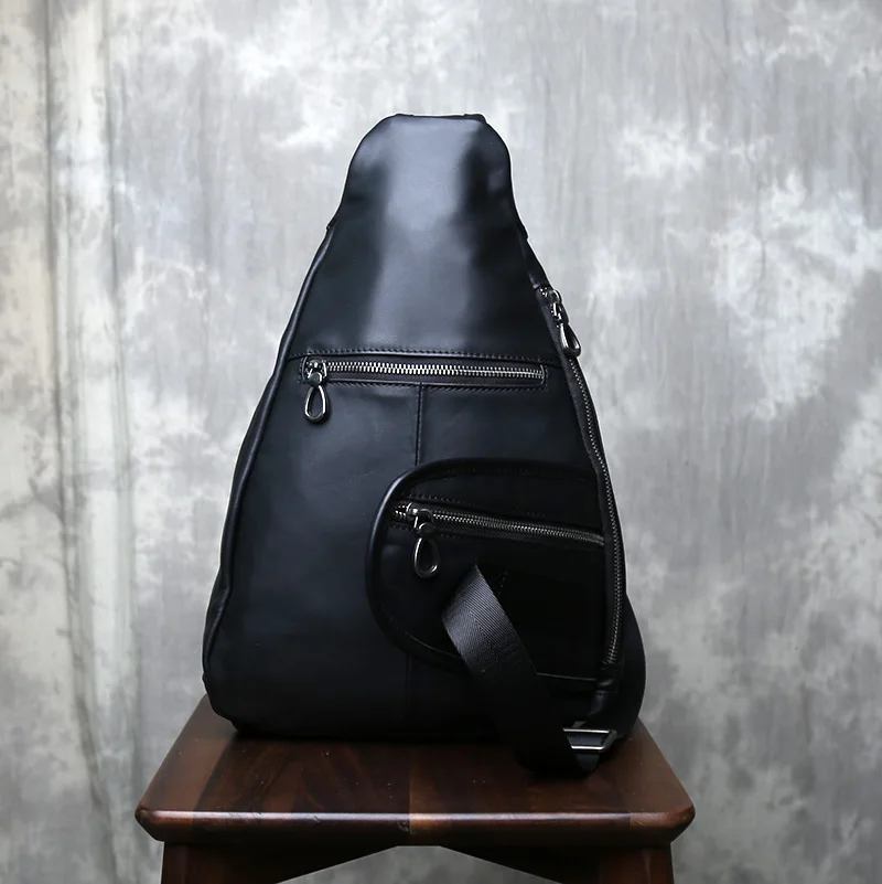Bolso de pecho de gran capacidad de piel de vaca con capa de cabeza, bandolera de cuero genuino multifuncional, mochila de viaje informal para hombre