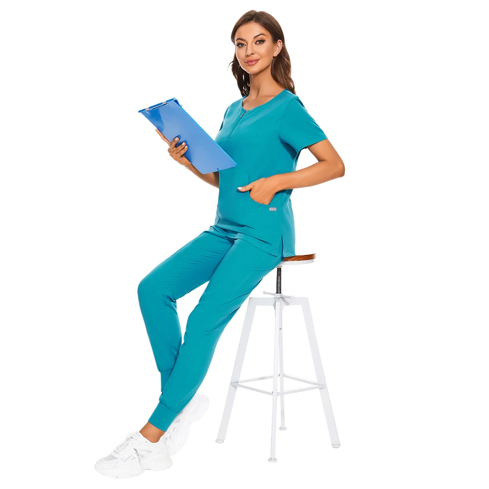 Wholesale 7 Colors Zipper V-neck Short Sleeve Pocket Nursing Working Top Pants Uniform Solid Breathable Soft Women Wear Suit