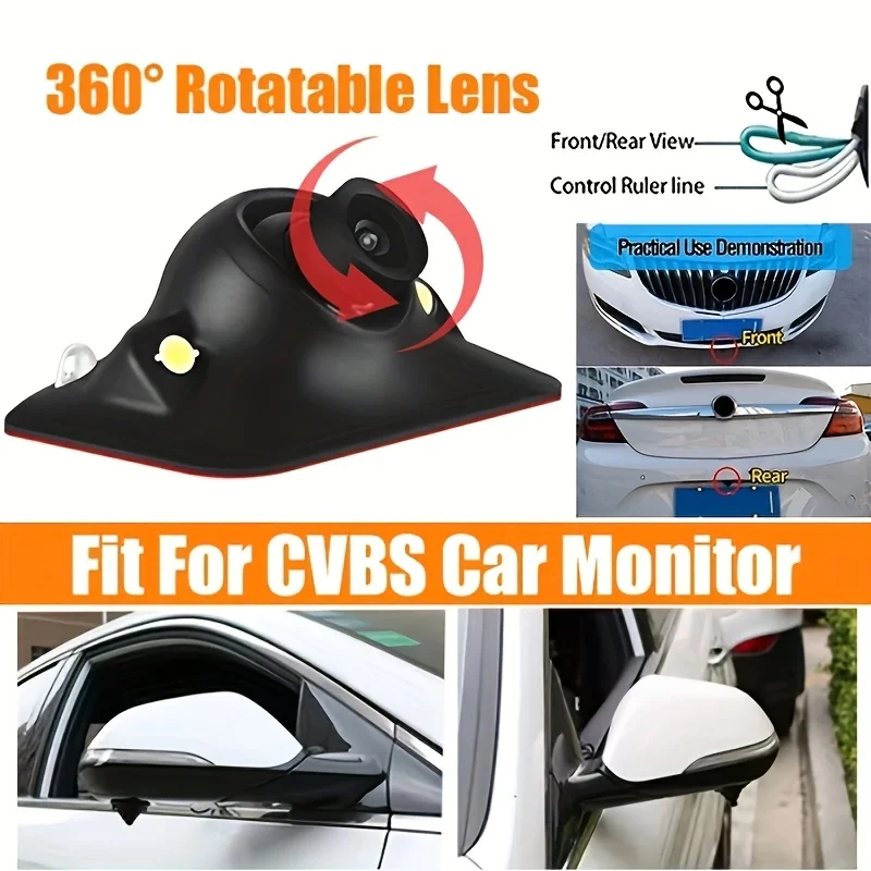 360° Rotating Car Backup Camera with Full Color Night Vision & 2 LEDs - CVBS Compatible for Universal Camera