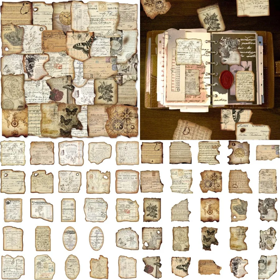 빈티지 저널링 스티커 플래너용 스크랩북 재료 100개 앤티크 지도 프린트 디스트레스드 엣지 포함