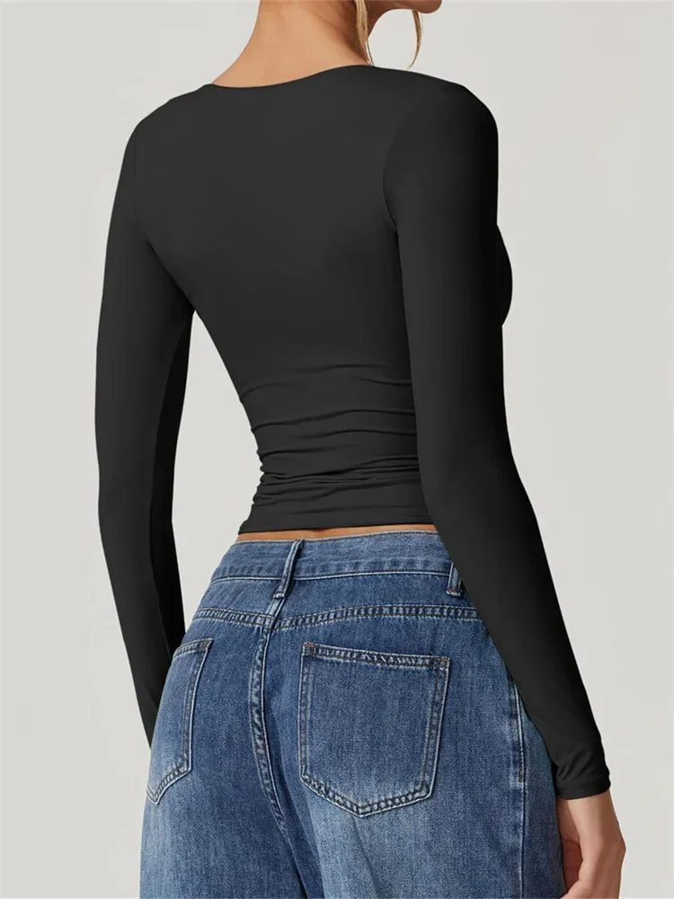 تي شيرت نسائي بلون سادة وأكمام طويلة بقصة ضيقة ورقبة على شكل حرف V قمصان غير رسمية لربيع وخريف جديد #3