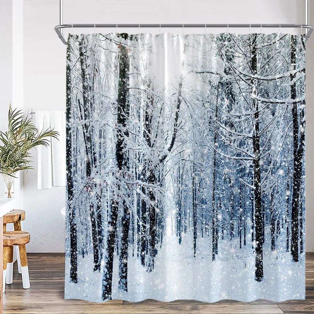 Winter Forest Shower Curtain Cedar Pine Tree Snowy Tree Snowflake Nature Scenery Bathroom Decor Christmas Polyester Bath Curtain