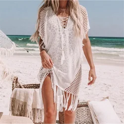 White Fringe Tassel Knitted Dress Crochet Beach Cover Ups for Women Summer Beachwear Bohemian Cover-ups Tunicas Femininas 2026