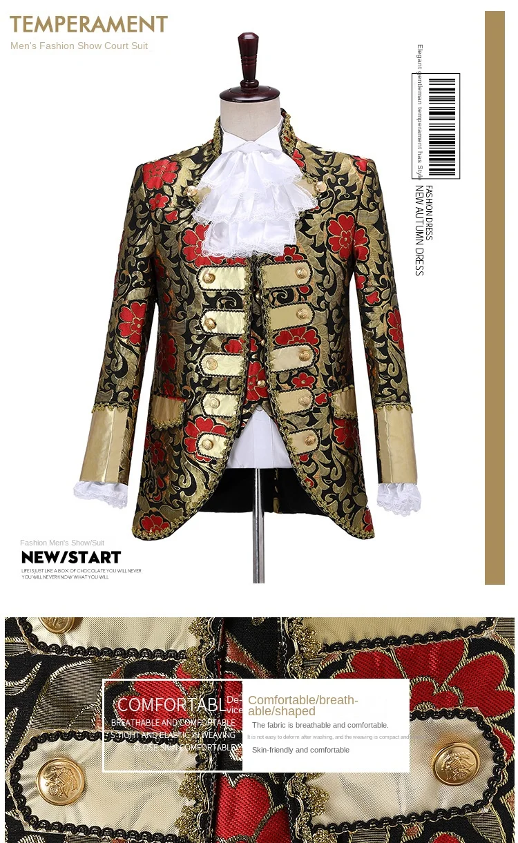 New Men European Court Dress Costume Retro European Prince Charming Stage Retro Drama Performance Clothing