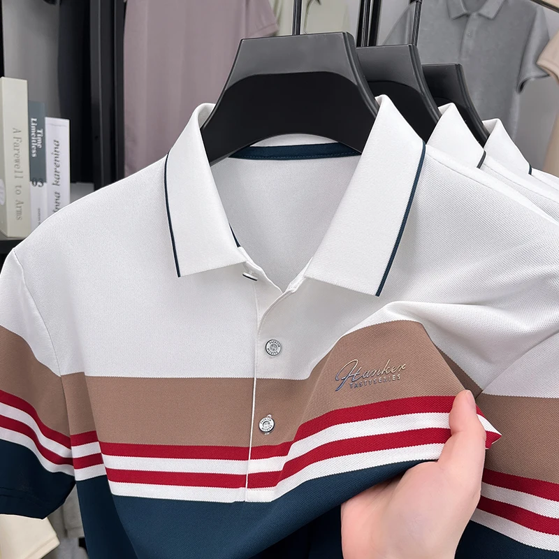 

Роскошные бренды логотипы принты мужские рубашки с короткими рукавами поло модные полоски летние гладкие комфортабельные перевернутый воротник футболки