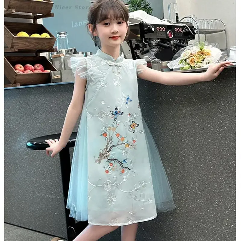 Kids Girls Mesh Splicing Qipao Summer New Traditional Chinese Dress Vintage Improved Cheongsam Oriental Clothing Hanfu Dresses