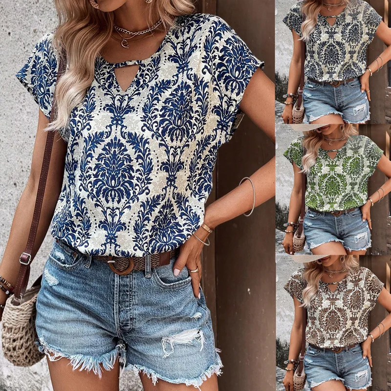 

2024 European and American Amazon Cross Border Women's Summer New Fashion Versatile Print V-neck Bat Sleeve Loose Top