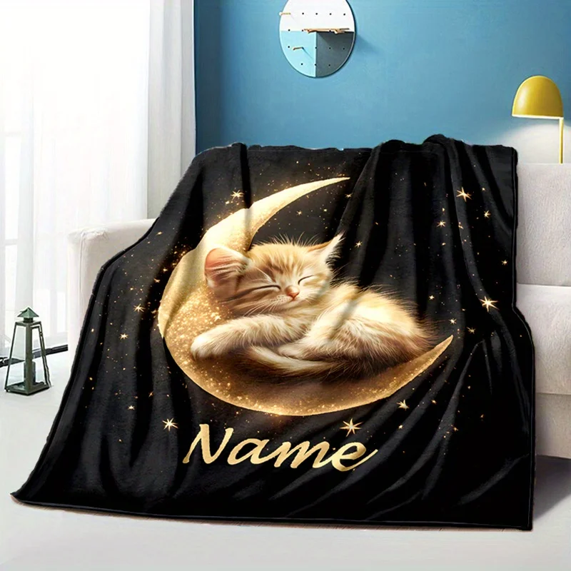 Maßgeschneiderte weiche Flanelldecke mit Katzenmotiv und personalisiertem Namen, bequem und warm, geeignet für Bett, Sofa