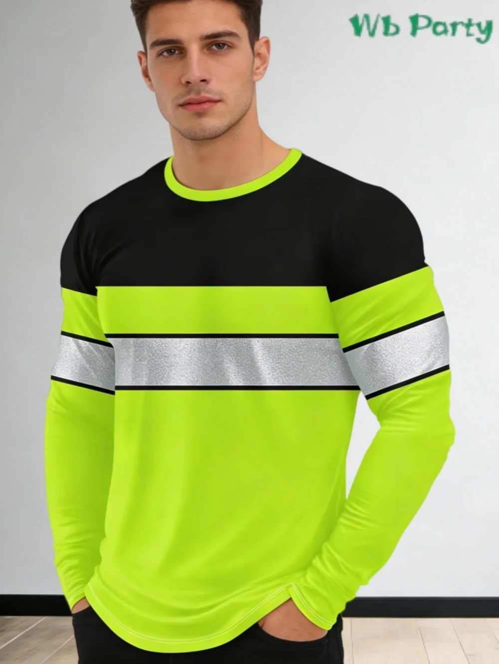Y2K Men Neon Green Black Color Block 3D Printed Long Sleeve Shirt Relaxing Breathable Quick-dry Outdoor Sports Apparel Top  Work
