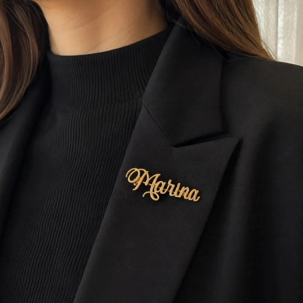 Unique Personalized Cursive Name Brooch Gold Plated Custom Stainless Steel Badge Pin Wedding bridesmaid Gift