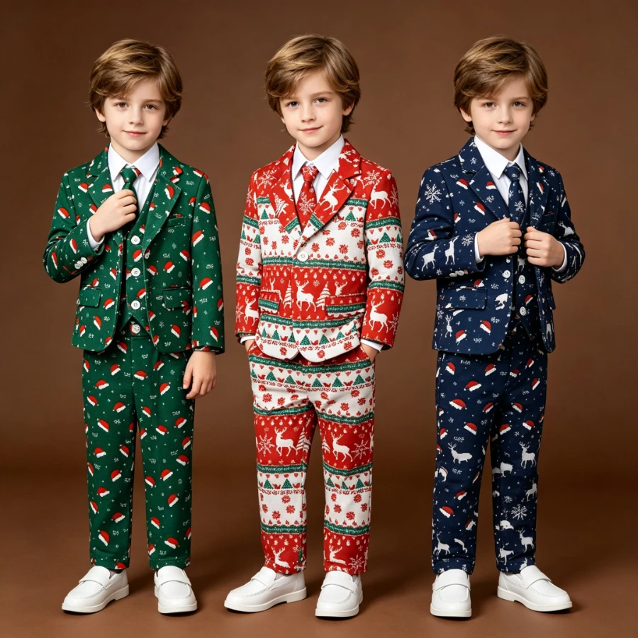 Boys Christmas 3-Piece Suit Set Santa Tree Reindeer Print Jacket Vest Pants with Bow Tie Kids Holiday Party Performance Outfit