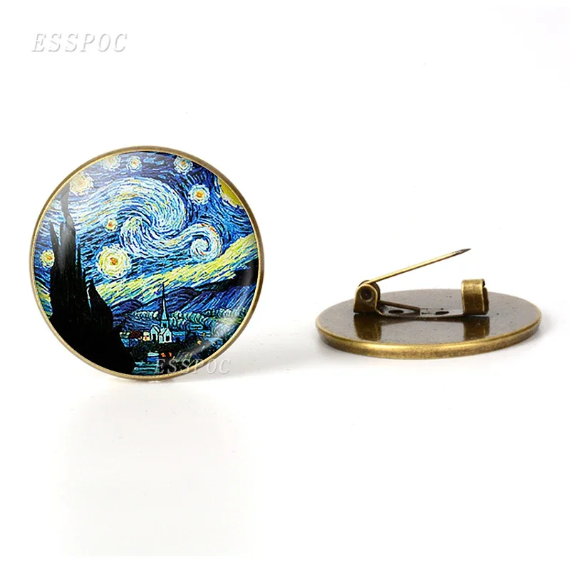 Retro Van Gogh Art Starry Night Sunflower Brooches Men Women Glass Cabochon Dome Jewelry School Bag Bronze Brooch Pins Gift